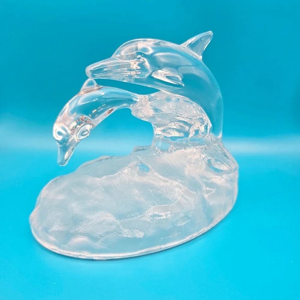 Clear Frosted Glass Double Dolphin Figurine Leaping Ocean Wave Coastal Decor